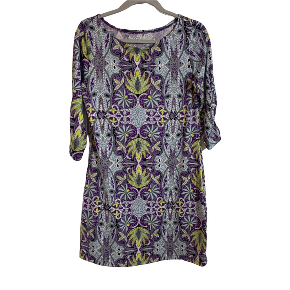 SOYBU Women Dress Sz M Purple Multicolor Shift Roll Tab Sleeves Athleisure EUC.